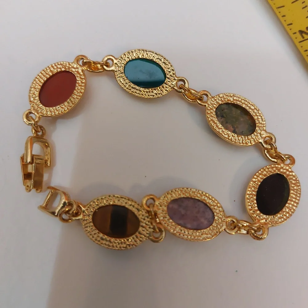 Multi Stones Scarab Bracelet Gold Tone Links Semiprecious Gems - Picture 9 of 9